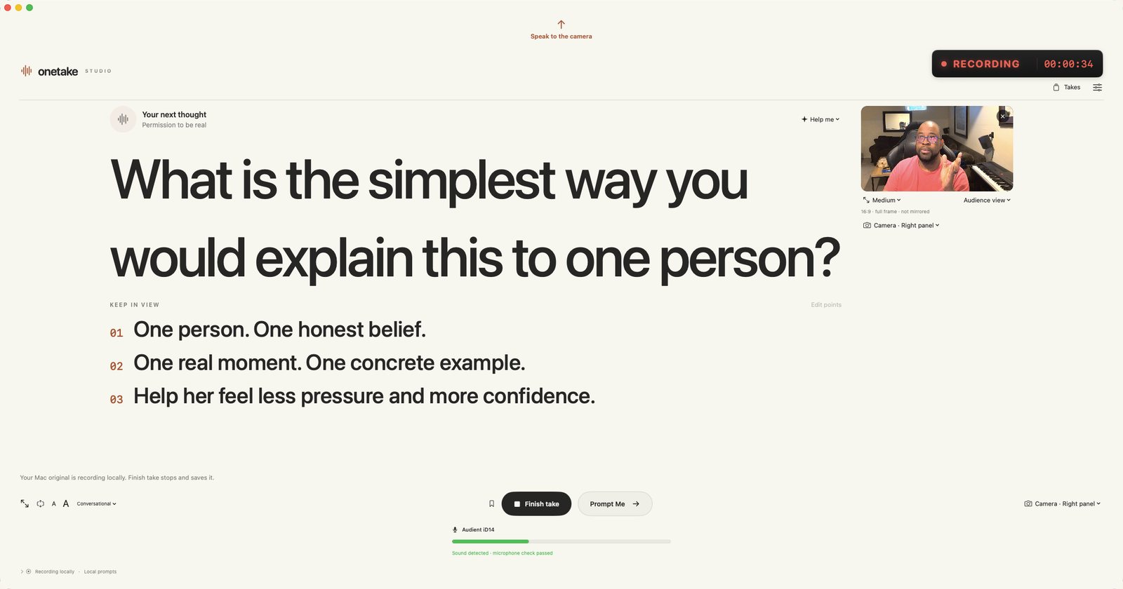 The OneTake studio on a Mac: one big question on screen while the founder records